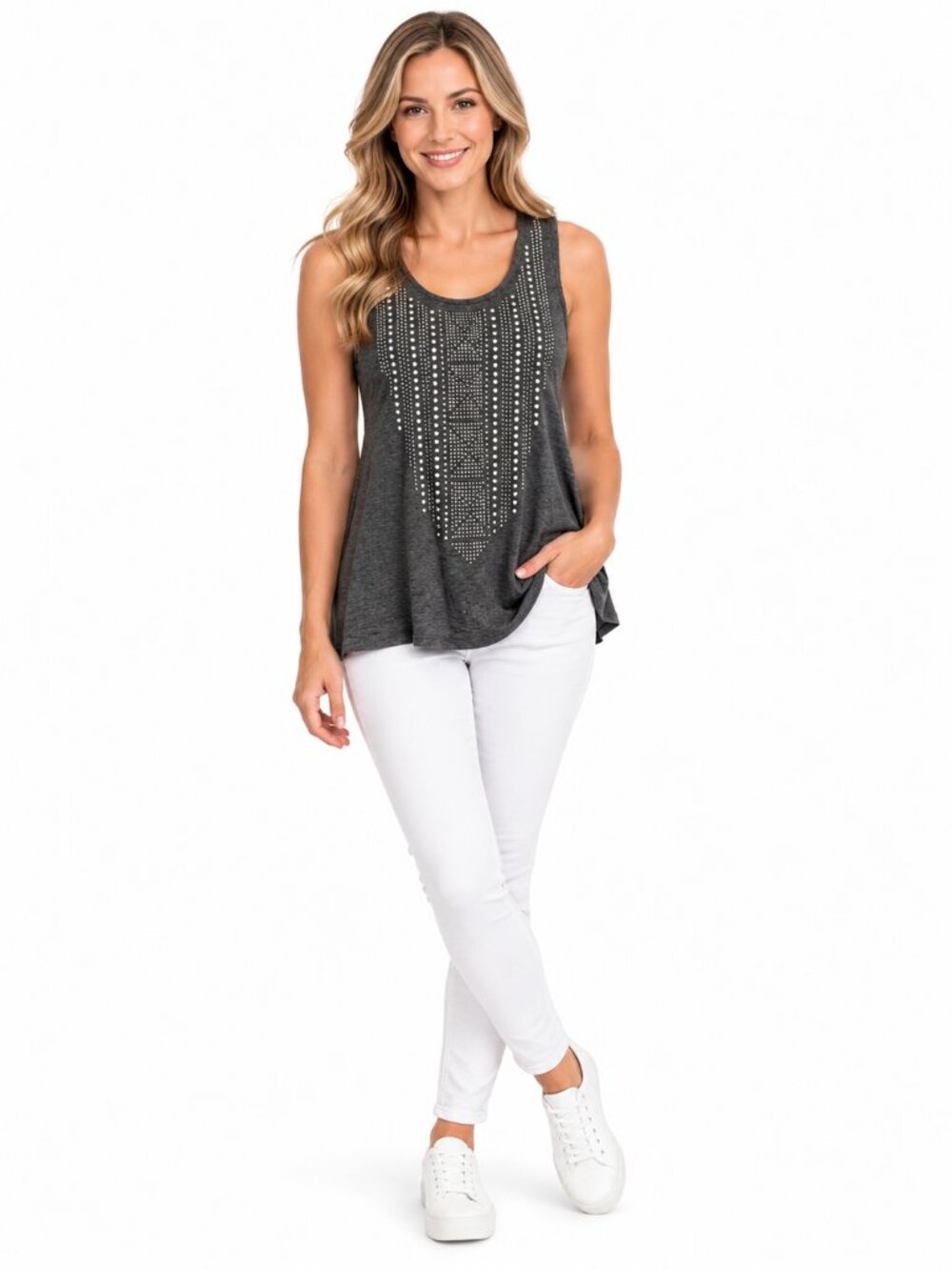 Joei & I Gray Rhinestone Stud Embellished Sleeveless Tie Back Top M NWOT